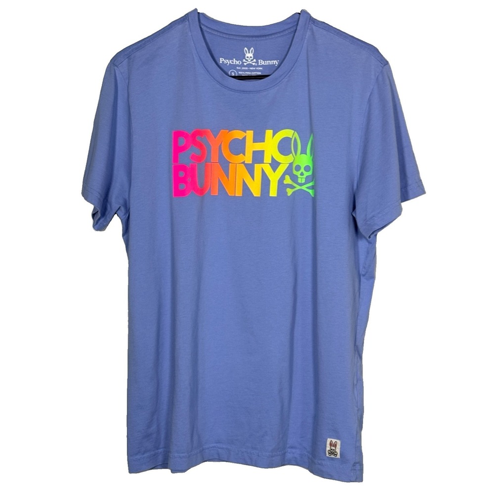 Psycho Bunny Sheffield Foil Tee Shirt Mens 5 Med Amparo Blue Rainbow Logo Pima